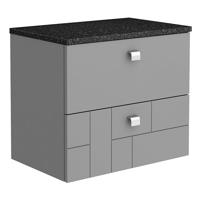 Venice Abstract 600mm Grey Vanity Unit - Wall Hung 2 Drawer Unit with Black Worktop & Chrome Handles