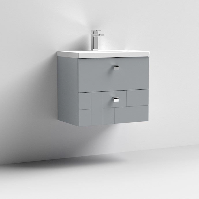 Venice Abstract 600mm Grey Vanity Unit - Wall Hung 2 Drawer Unit with Chrome Square Drop Handles  St
