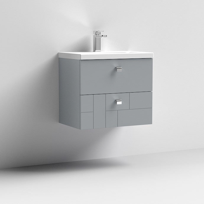 Venice Abstract 600mm Grey Vanity Unit - Wall Hung 2 Drawer Unit with Chrome Square Drop Handles St