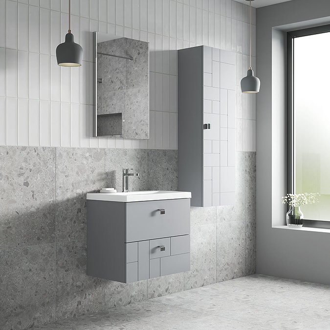 Venice Abstract 600mm Grey Vanity Unit - Wall Hung 2 Drawer Unit with Chrome Square Drop Handles  In