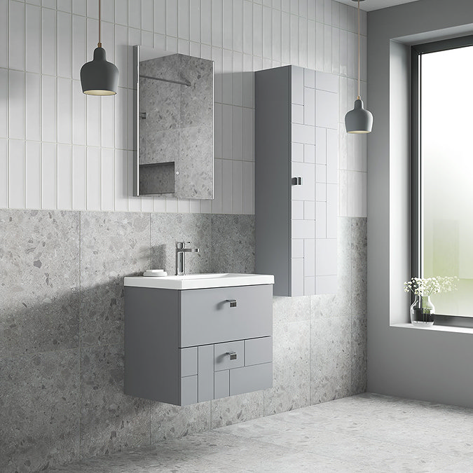 Venice Abstract 600mm Grey Vanity Unit - Wall Hung 2 Drawer Unit with Chrome Square Drop Handles In