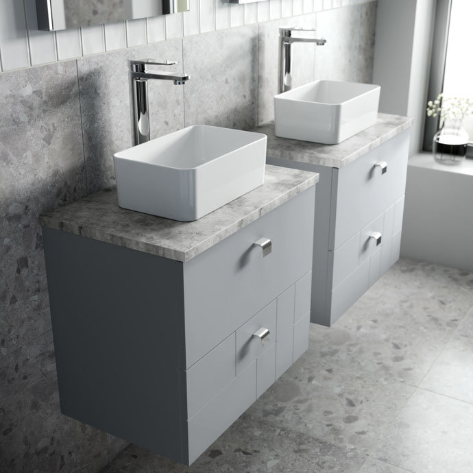 Venice Abstract 600mm Grey Vanity Unit - Wall Hung 2 Drawer Unit with Grey Worktop & Chrome Handles