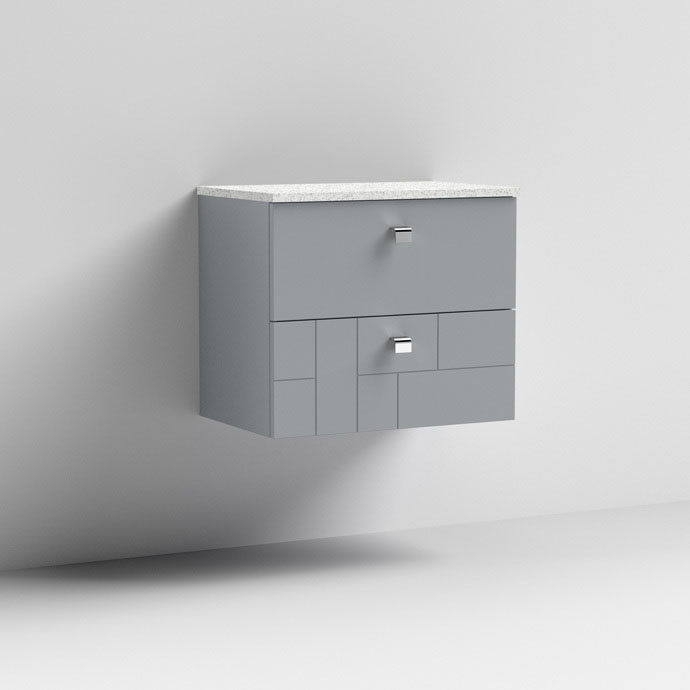 Venice Abstract 600mm Grey Vanity Unit - Wall Hung 2 Drawer Unit with White Worktop & Chrome Handles