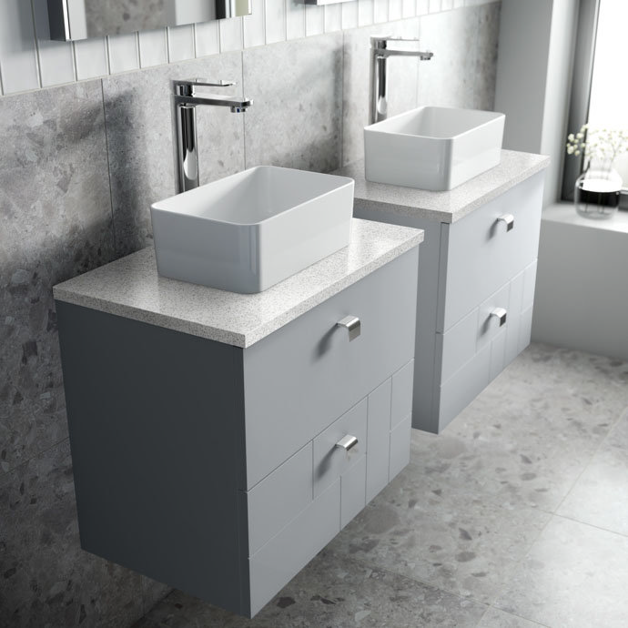 Venice Abstract 600mm Grey Vanity Unit - Wall Hung 2 Drawer Unit with White Worktop & Chrome Handles