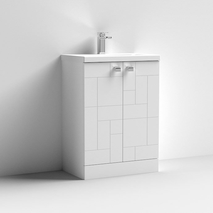 Venice Abstract 600mm White Vanity Unit - Floor Standing 2 Door Unit with Chrome Square Drop Handles