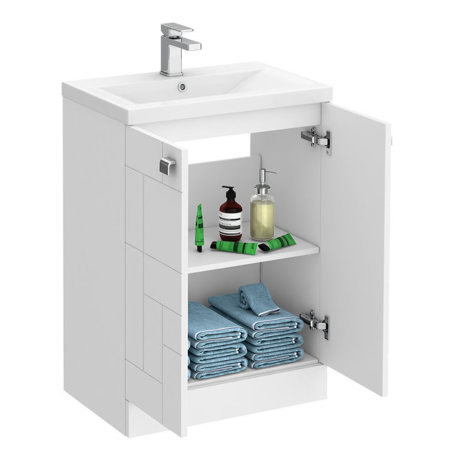Venice Abstract 600mm White Vanity Unit - Floor Standing 2 Door Unit with Chrome Square Drop Handles  Newest Large Image