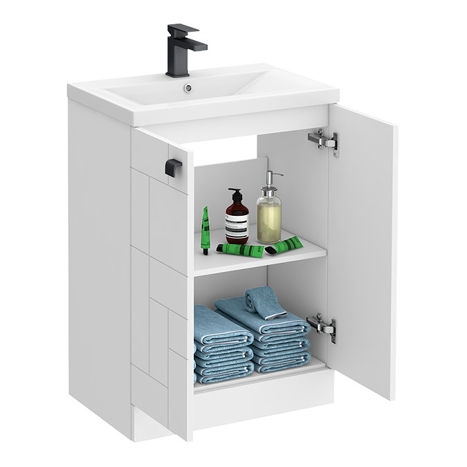 Venice Abstract 600mm White Vanity Unit - Floor Standing 2 Door Unit with Matt Black Square Drop Handles In Bathroom Large Image