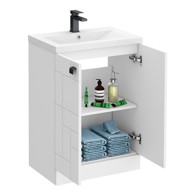 Venice Abstract 600mm White Vanity Unit - Floor Standing 2 Door Unit with Matt Black Square Drop Handles  In Bathroom Large Image