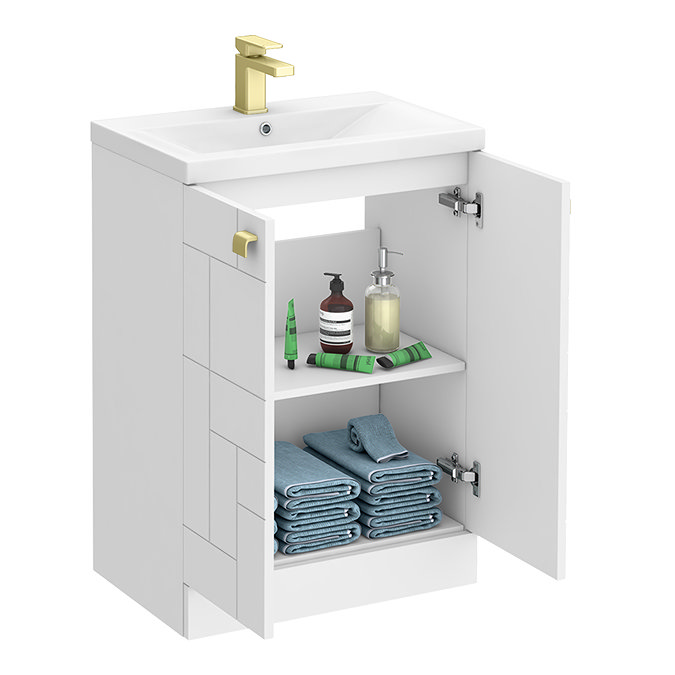 Venice Abstract 600mm White Vanity Unit - Floor Standing with Brushed Brass Handles Standard Large Image