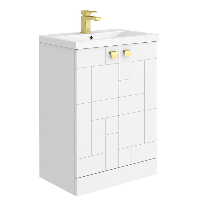 Venice Abstract 600mm White Vanity Unit - Floor Standing Vanity with Brushed Brass Handles Large Ima