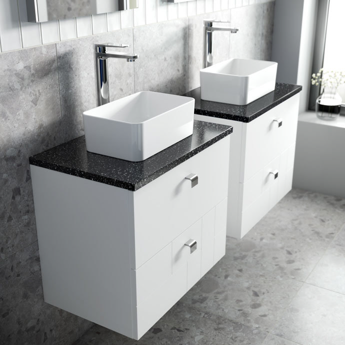 Venice Abstract 600mm White Vanity Unit - Wall Hung 2 Drawer Unit with Black Worktop & Chrome Handle