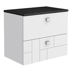 Venice Abstract 600mm White Vanity Unit - Wall Hung 2 Drawer Unit with Black Worktop & Chrome Handle