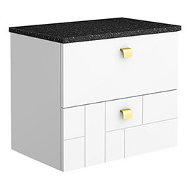 Venice Abstract 600mm White Vanity Unit - Wall Hung 2 Drawer Unit with Black Worktop & Brushed Brass