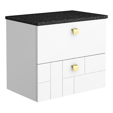 Venice Abstract 600mm White Vanity Unit - Wall Hung 2 Drawer Unit with Black Worktop & Brushed Brass Handles  Profile Large Image