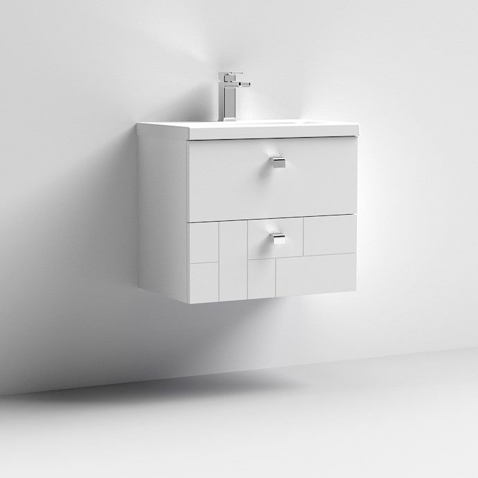 Venice Abstract 600mm White Vanity Unit - Wall Hung 2 Drawer Unit with Chrome Square Drop Handles  S