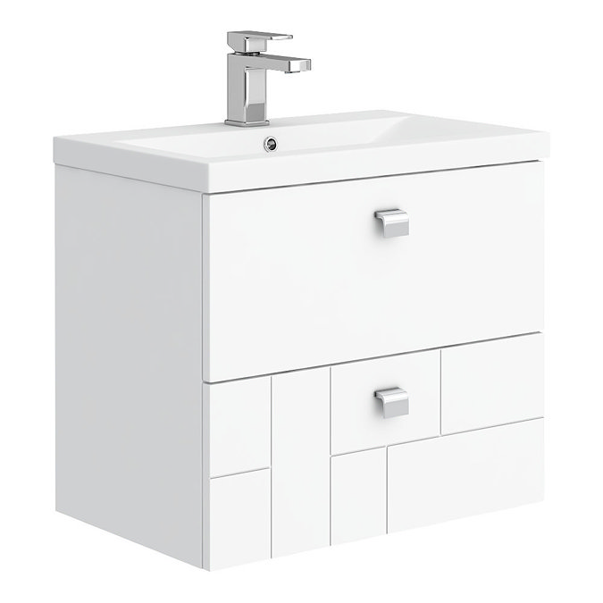 Venice Abstract 600mm White Vanity Unit - Wall Hung 2 Drawer Unit with Chrome Square Drop Handles La