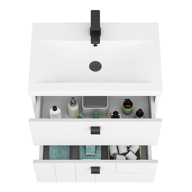 Venice Abstract 600mm White Vanity Unit - Wall Hung 2 Drawer Unit with Matt Black Square Drop Handles  In Bathroom Large Image