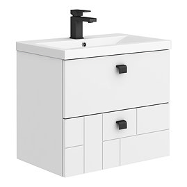 Venice Abstract 600mm White Vanity Unit - Wall Hung 2 Drawer Unit with Matt Black Square Drop Handle