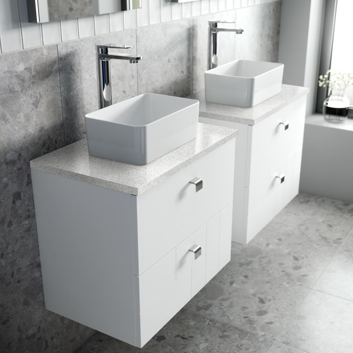 Venice Abstract 600mm White Vanity Unit - Wall Hung 2 Drawer Unit with White Worktop & Chrome Handle