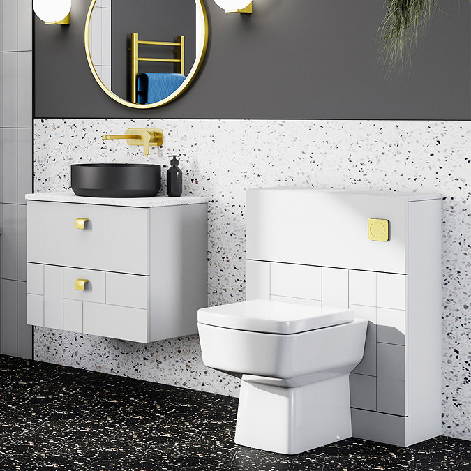 Venice Abstract 600mm White Vanity Unit - Wall Hung 2 Drawer Unit with White Worktop & Brushed Brass Handles  In Bathroom Large Image