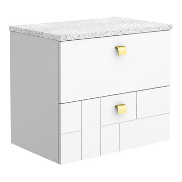 Venice Abstract 600mm White Vanity Unit - Wall Hung 2 Drawer Unit with White Worktop & Brushed Brass