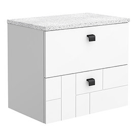 Venice Abstract 600mm White Vanity Unit - Wall Hung 2 Drawer Unit with White Worktop & Matt Black Ha