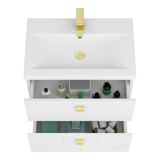 Venice Abstract 600mm White Vanity Unit - Wall Hung with Brushed Brass Handles  Standard Large Image