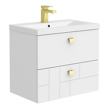 Venice Abstract 600mm White Vanity Unit - Wall Hung Vanity with Brushed Brass Handles  Profile Large