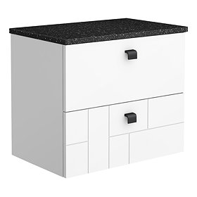 Venice Abstract 600mm White Vanity - Wall Hung 2 Drawer Unit with Black Worktop & Matt Black Handles