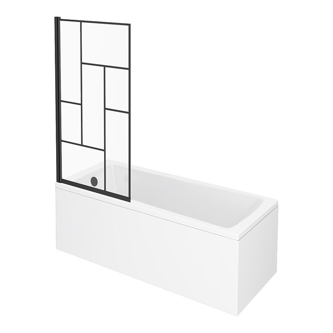 Venice Abstract Matt Black Grid Bath Screen with Square Single Ended Bath  Profile Large Image