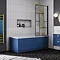 Venice Abstract Matt Black Grid Screen w. Single Ended Bath + Satin Blue Panel  In Bathroom Large Im