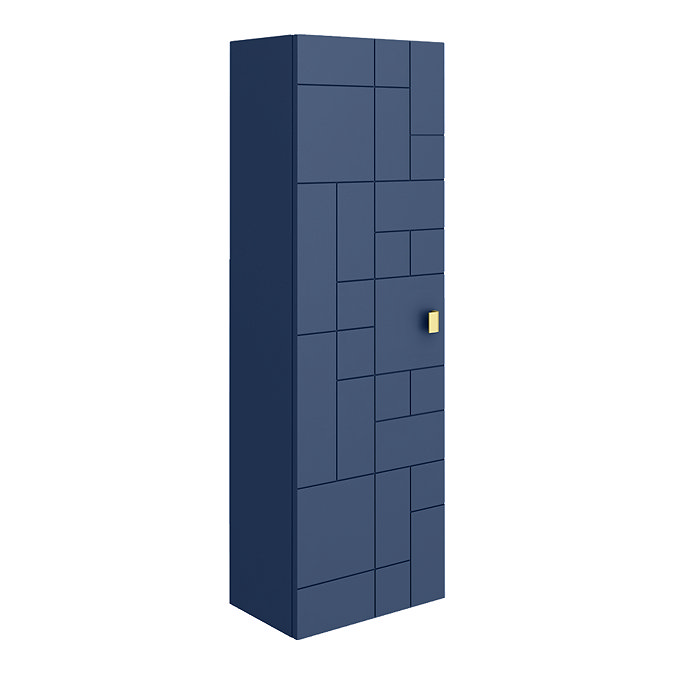 Venice Abstract Wall Hung Tall Storage Cabinet - Blue - with Brushed Brass Square Drop Handle Large 