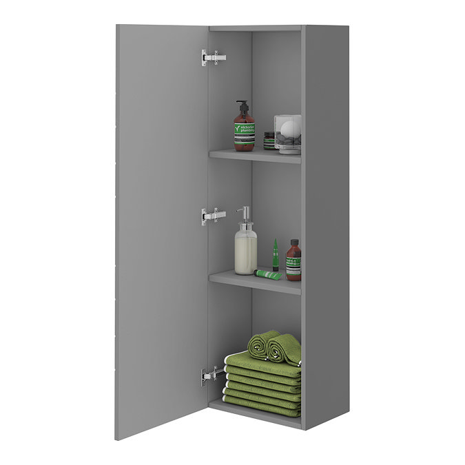 Venice Abstract Wall Hung Tall Storage Cabinet - Grey - with Chrome Square Drop Handle  In Bathroom Large Image