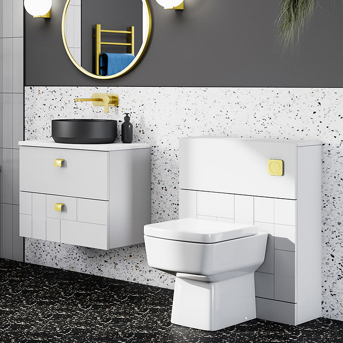 Venice Abstract White Complete Toilet Unit w. Pan, Cistern + Brushed Brass Flush  additional Large I