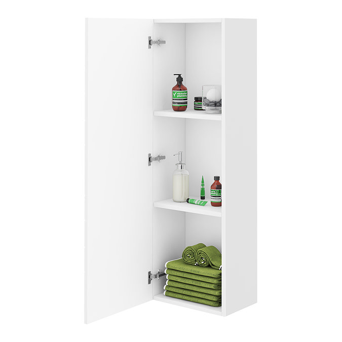 Venice Abstract White Wall Hung Tall Storage Cabinet with Brushed Brass Square Drop Handle  Feature 