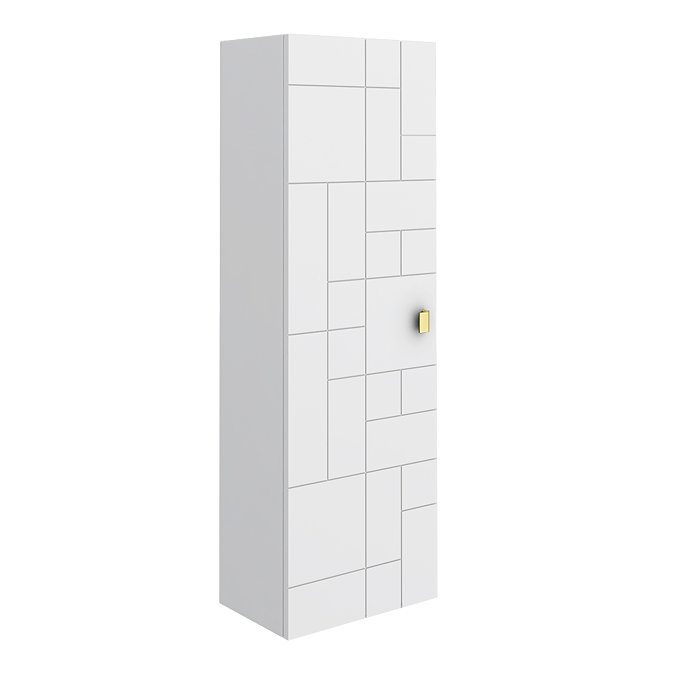 Venice Abstract White Wall Hung Tall Storage Cabinet with Brushed Brass Square Drop Handle Large Ima