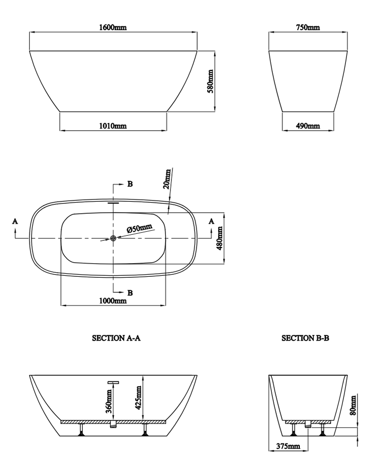 Venice Bathroom Suite with 1600 Thin-Edge Freestanding Bath