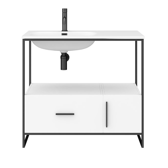 Venice Black Frame Basin Washstand - 1 Drawer, 1 Cupboard inc. 900mm Solid Stone Basin  Standard Lar