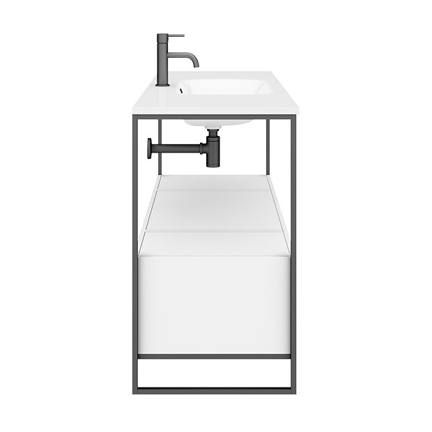 Venice Black Frame Basin Washstand - 1 Drawer, 2 Cupboards inc. 1200mm Solid Stone Basin  In Bathroo