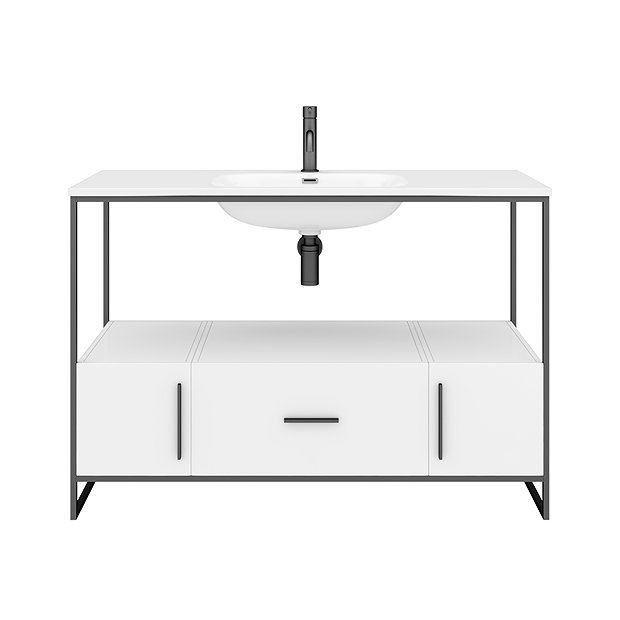 Venice Black Frame Basin Washstand - 1 Drawer, 2 Cupboards inc. 1200mm Solid Stone Basin  additional