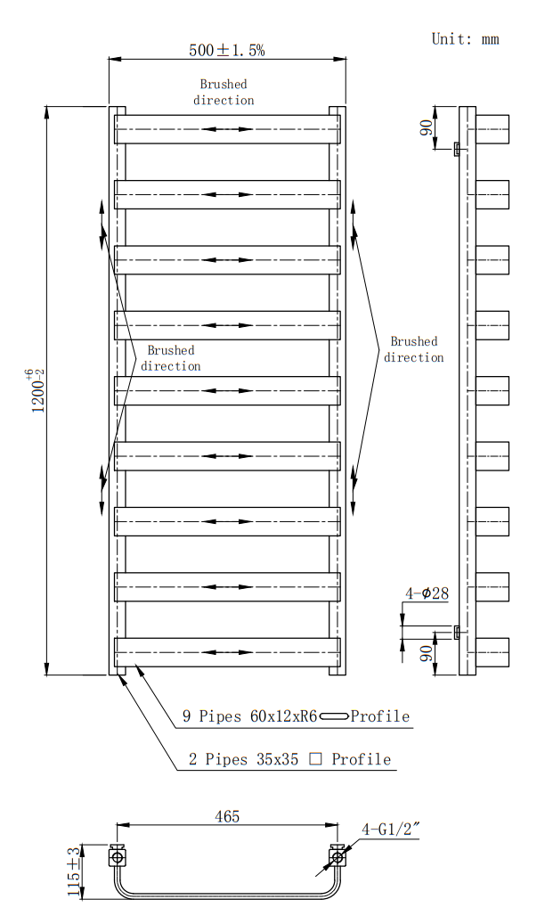 Venice Brushed Black Nickel Designer Heated Towel Rail (500 x 1200mm)