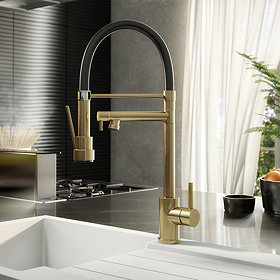 Venice Brushed Brass Kitchen Sink Mixer with Smooth Rubber Hose and Flexi Spray