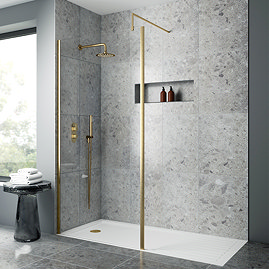 Venice Brushed Brass Outer Framed 8mm Wetroom Screen with Support Arm (1950mm High)