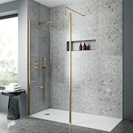 Venice Brushed Brass Outer Framed 8mm Wetroom Screen with Support Arm (1950mm High)