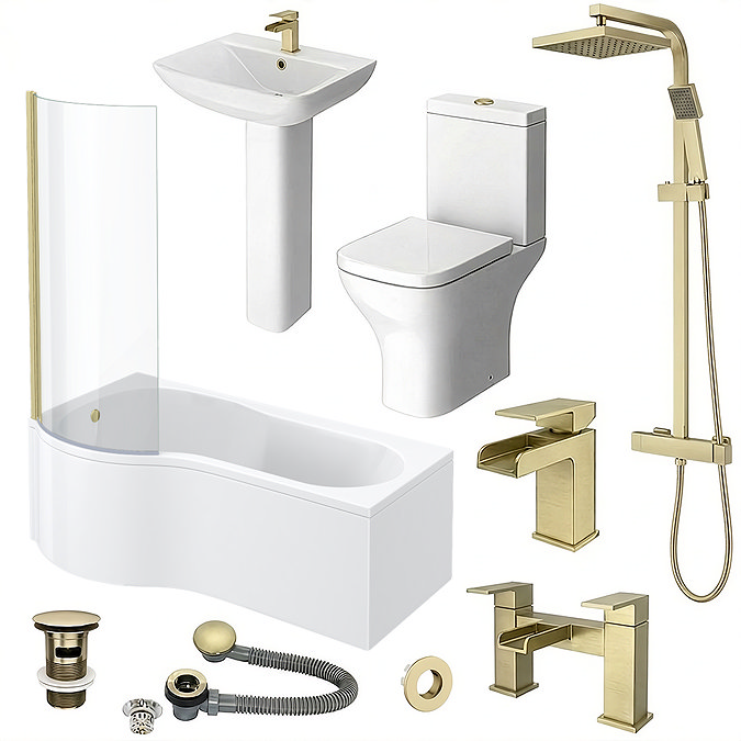 Venice Brushed Brass P-Shaped Complete Bathroom Package