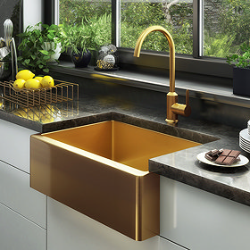 Venice Brushed Gold Belfast Stainless Steel Kitchen Sink + Waste Large Image