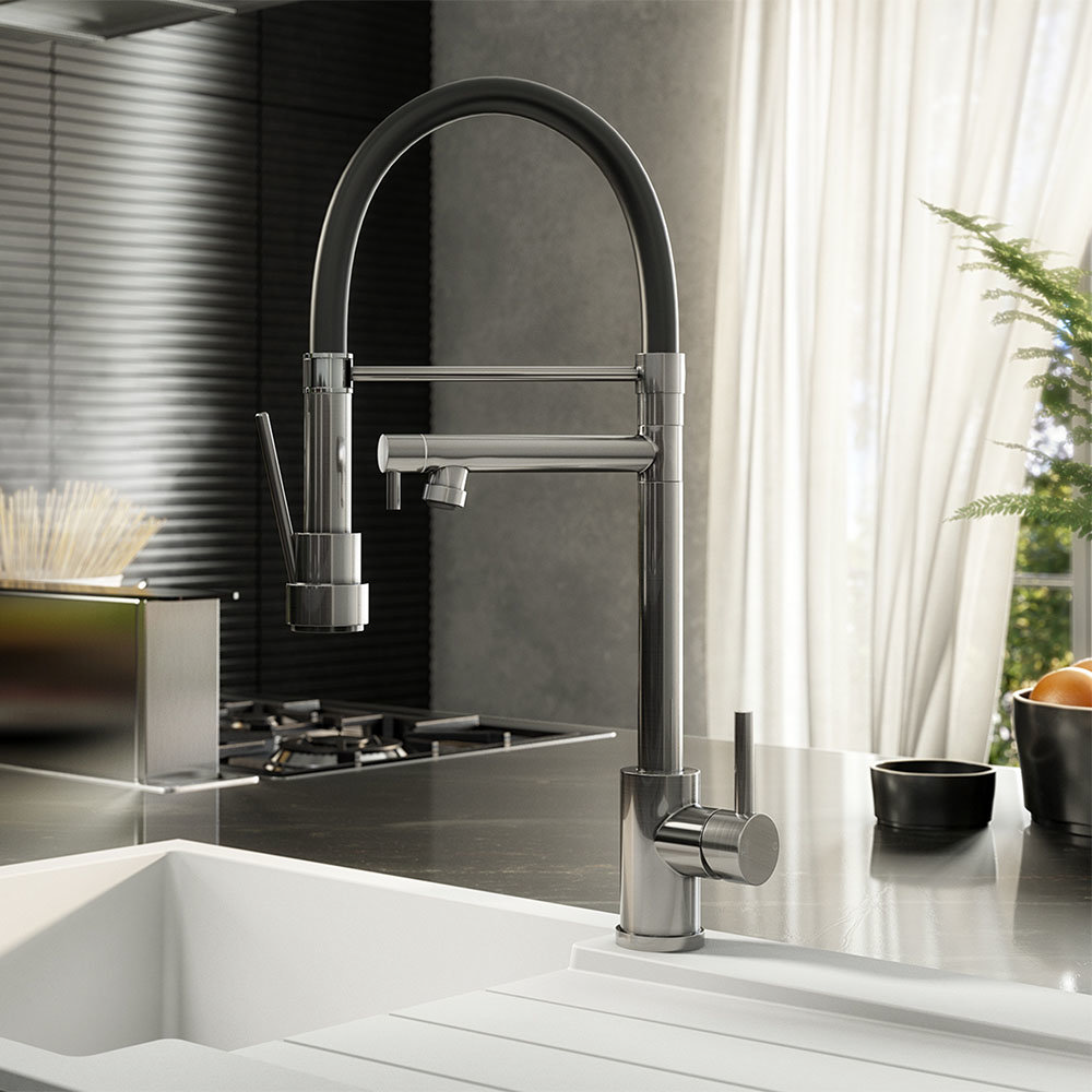 Venice Brushed Steel Kitchen Sink Mixer with Smooth Rubber Hose and ...