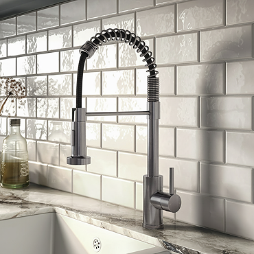 Venice Brushed Steel Spring Style Kitchen Sink Mixer with Pull-Out Spray
