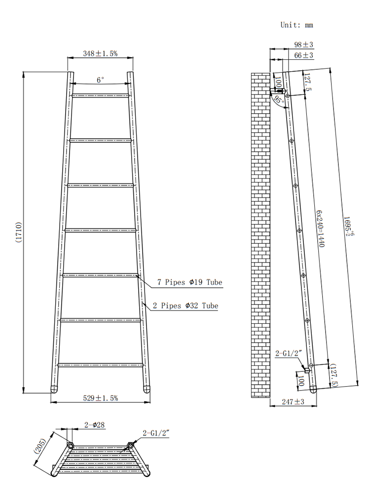 Venice Chrome Leaning Ladder 1710 x 529mm Heated Towel Rail