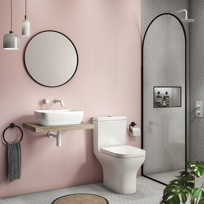 Venice Cloakroom Suite (465mm Countertop Basin, Oak Effect Floating Shelf + Toilet) Large Image